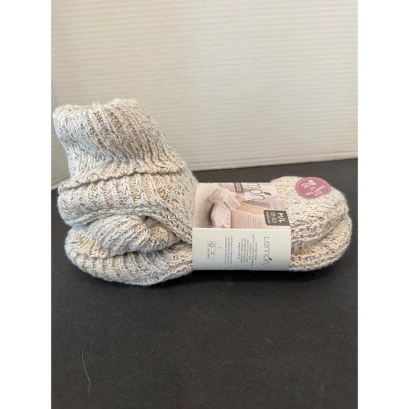Lemon Womens L/XL Cream New Faux Fur Lined Non-Slip Marled Knit Slipper Socks - Picture 2 of 6
